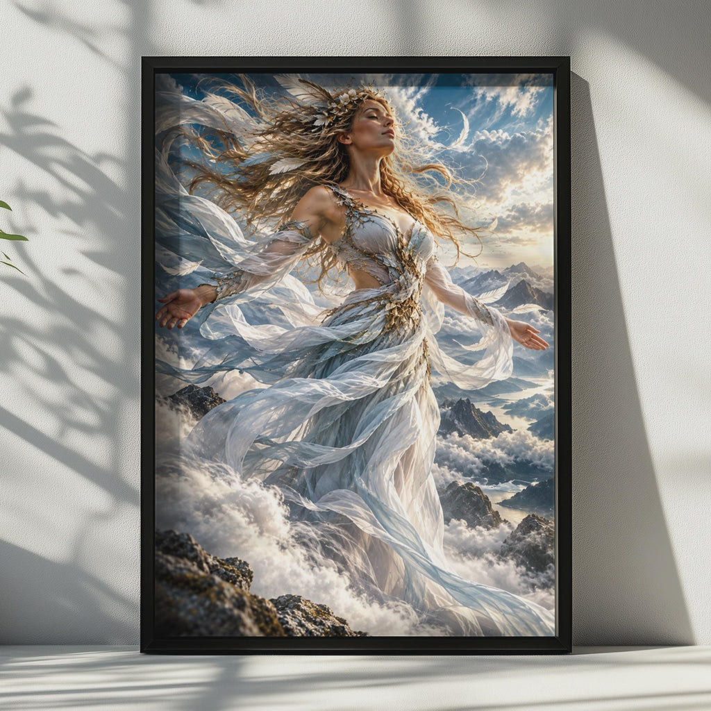 Ethereal Sky Goddess Poster, Fantasy Mountain Clouds Art, Celestial Feminine Decor