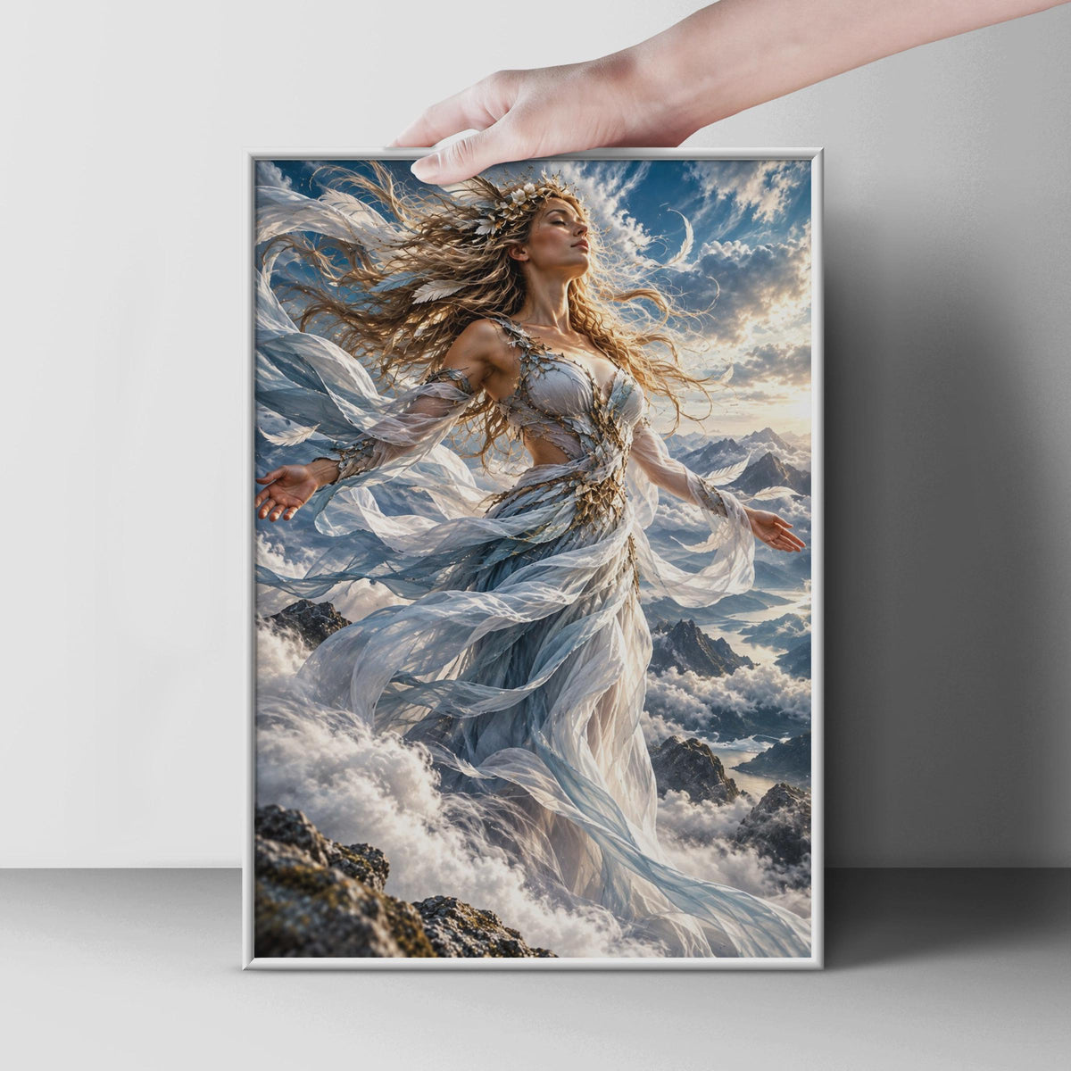 Ethereal Sky Goddess Poster, Fantasy Mountain Clouds Art, Celestial Feminine Decor