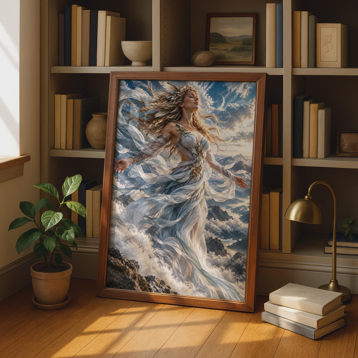 Ethereal Sky Goddess Poster, Fantasy Mountain Clouds Art, Celestial Feminine Decor