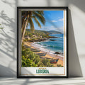Liberia West Africa Travel Poster, Tropical Coastal Wall Art, Fishing Boats, Palm Trees Painting