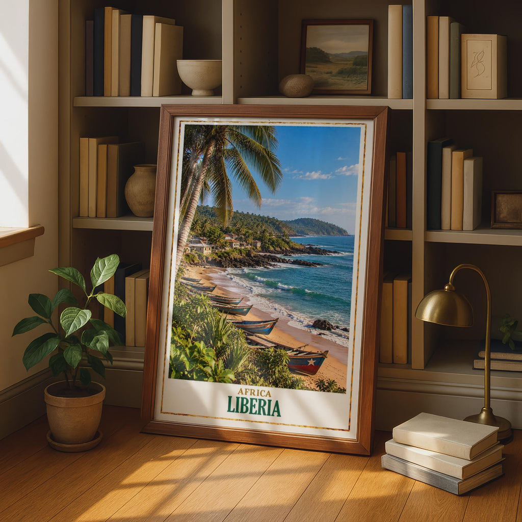 Liberia West Africa Travel Poster, Tropical Coastal Wall Art, Fishing Boats, Palm Trees Painting