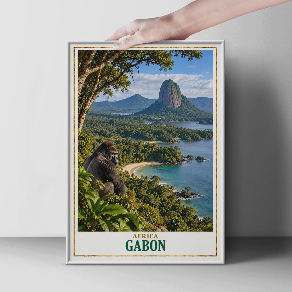 Gabon Travel Poster, Gorilla Rainforest Coastal Print, African Wildlife Decor