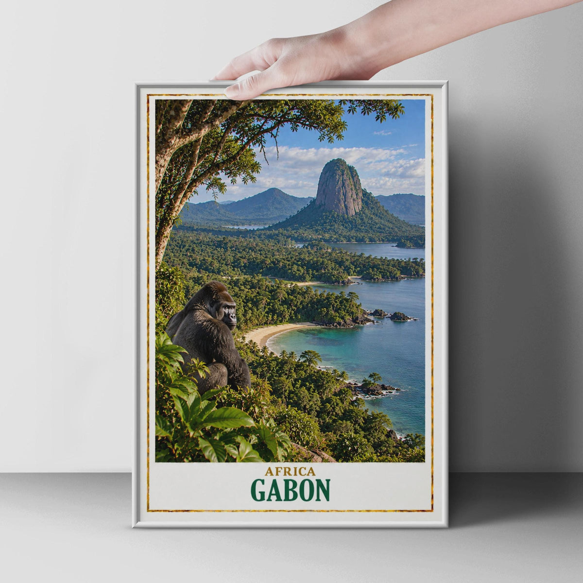 Gabon Travel Poster, Gorilla Rainforest Coastal Print, African Wildlife Decor