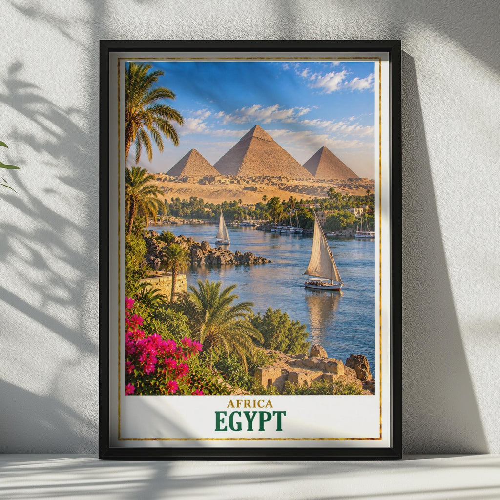 Egypt Travel Poster, Pyramids of Giza, Nile River, Felucca Sailing (Printed)