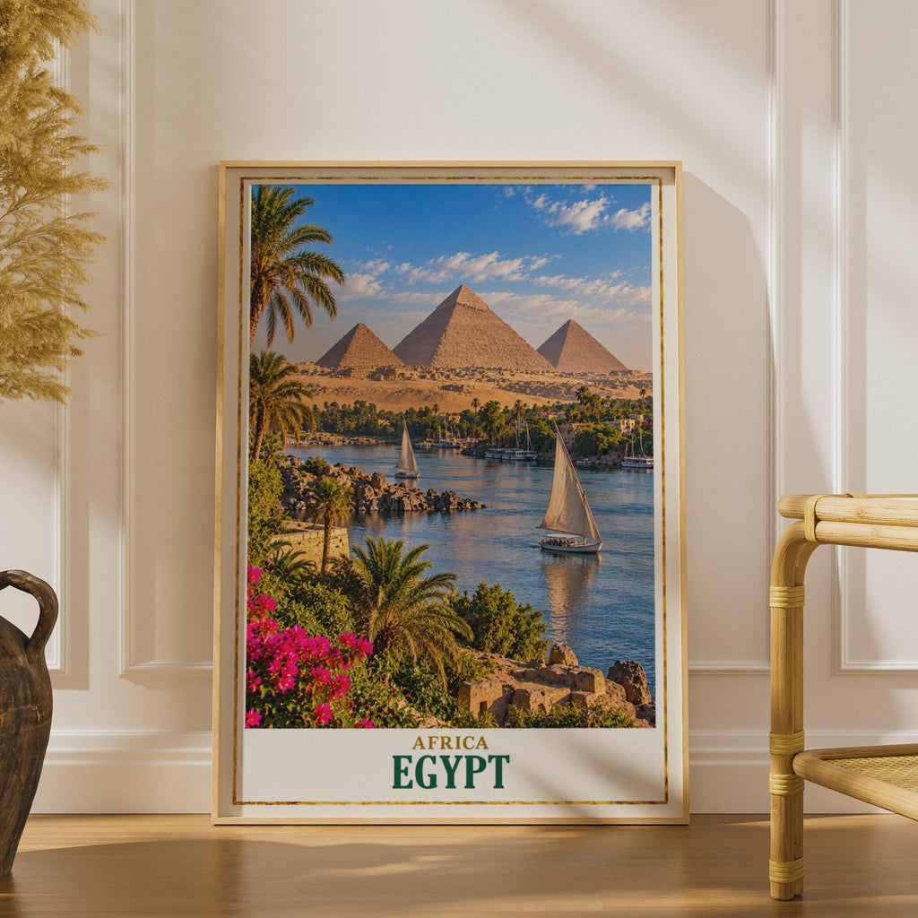 Egypt Travel Poster, Pyramids of Giza, Nile River, Felucca Sailing (Printed)