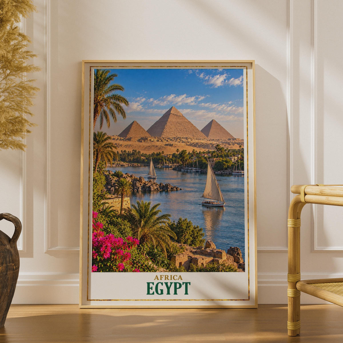 Egypt Travel Poster, Pyramids of Giza, Nile River, Felucca Sailing (Printed)