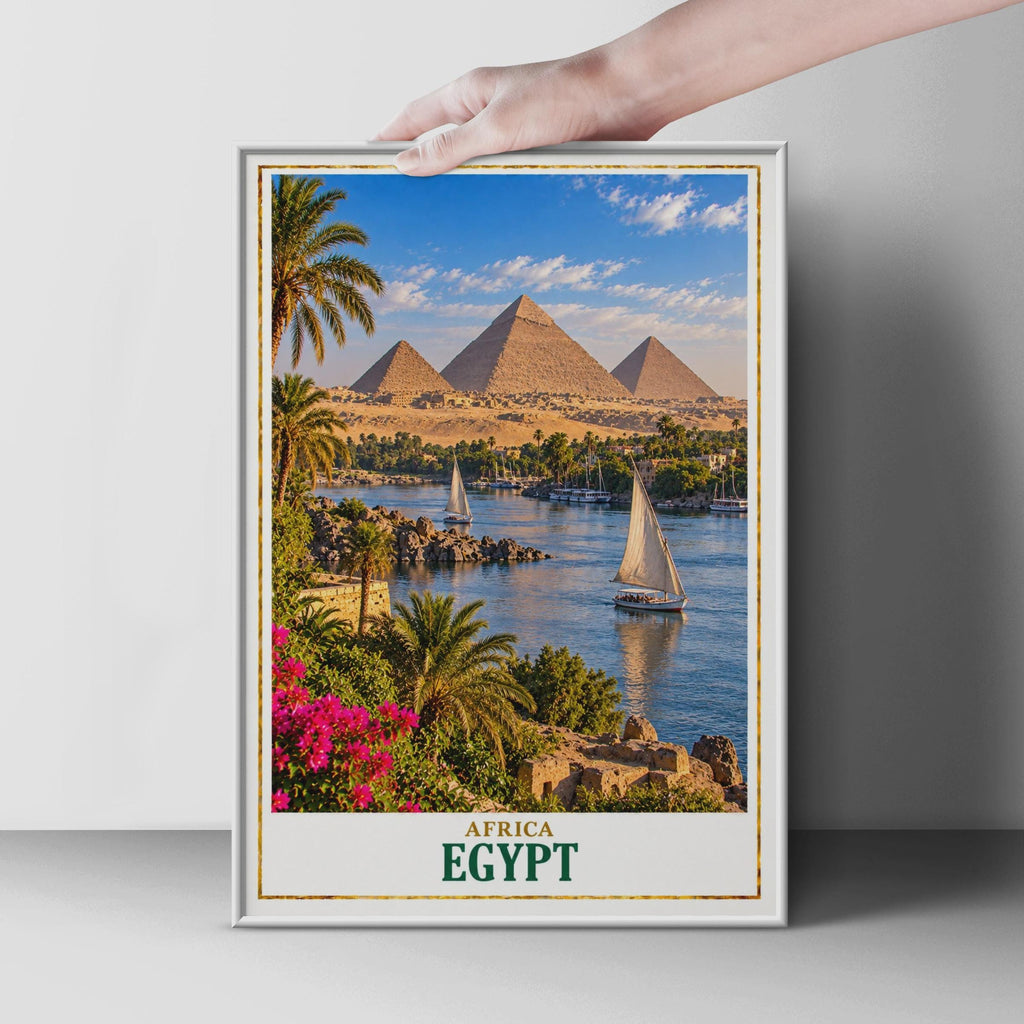 Egypt Travel Poster, Pyramids of Giza, Nile River, Felucca Sailing (Printed)