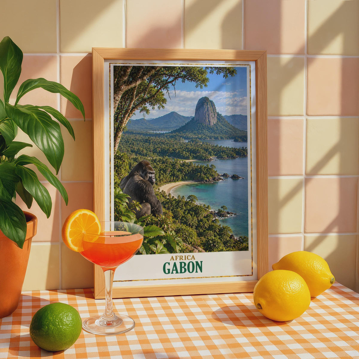 Gabon Travel Poster, Gorilla Rainforest Coastal Print, African Wildlife Decor