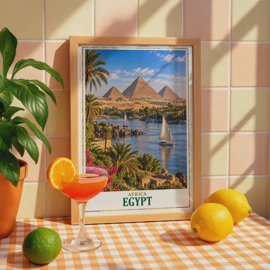 Egypt Travel Poster, Pyramids of Giza, Nile River, Felucca Sailing (Printed)