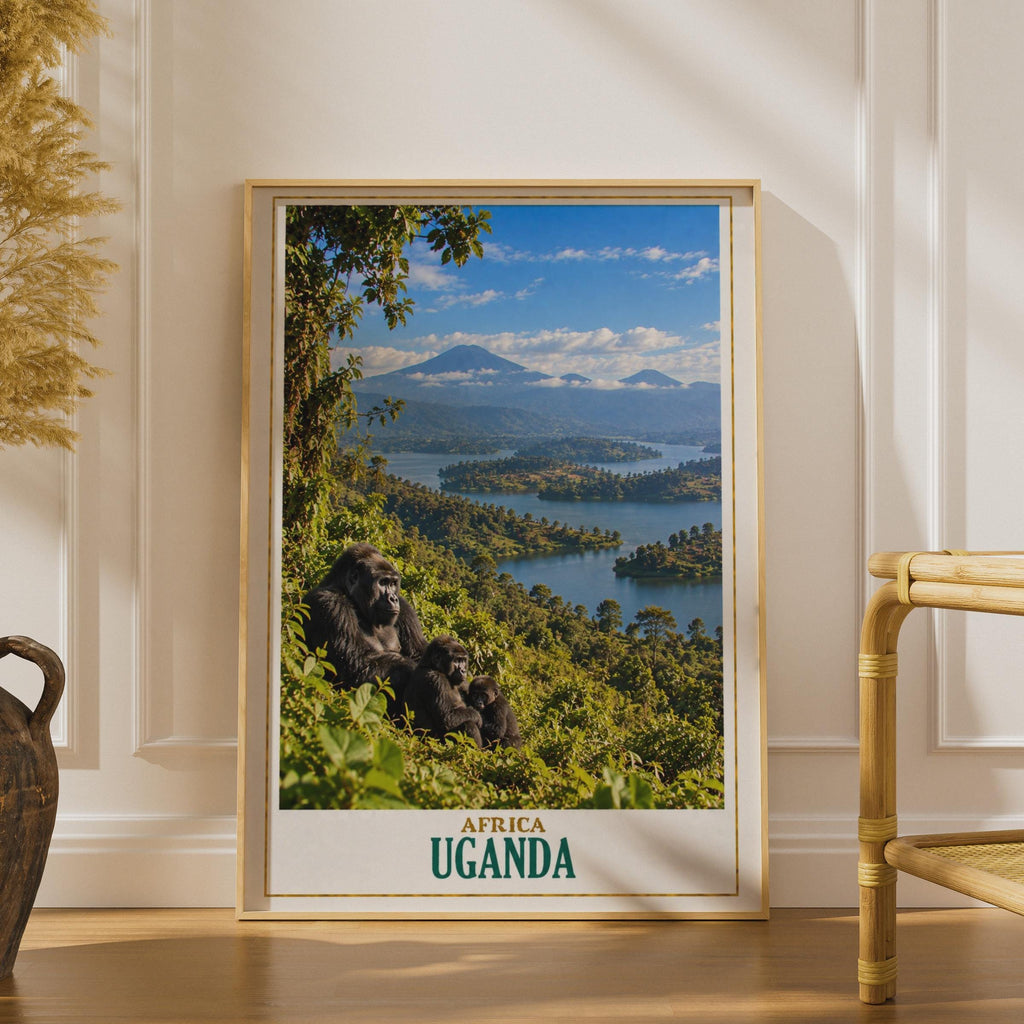 Uganda Travel Poster, Mountain Gorilla Lake Landscape, Wildlife Safari Art Print