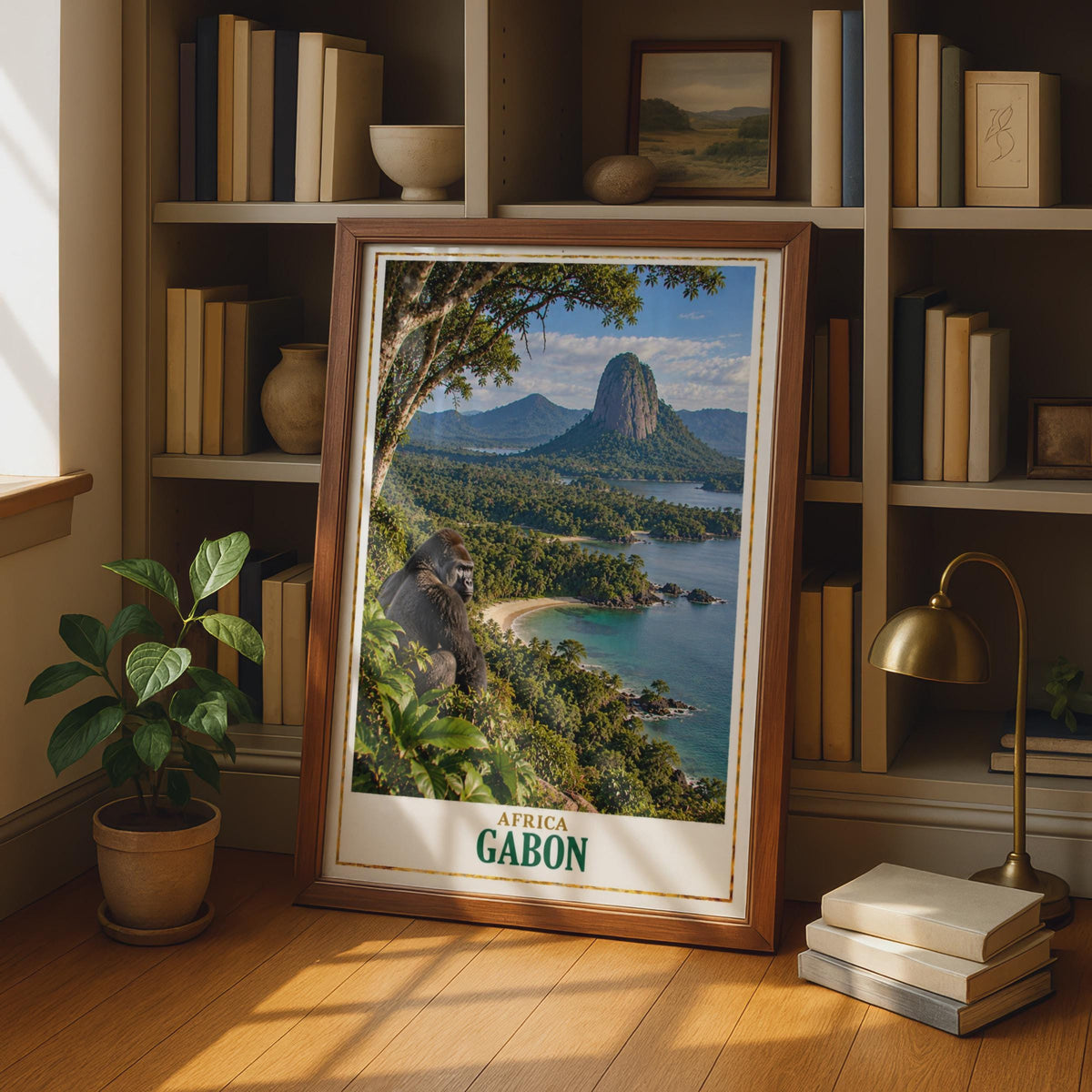 Gabon Travel Poster, Gorilla Rainforest Coastal Print, African Wildlife Decor