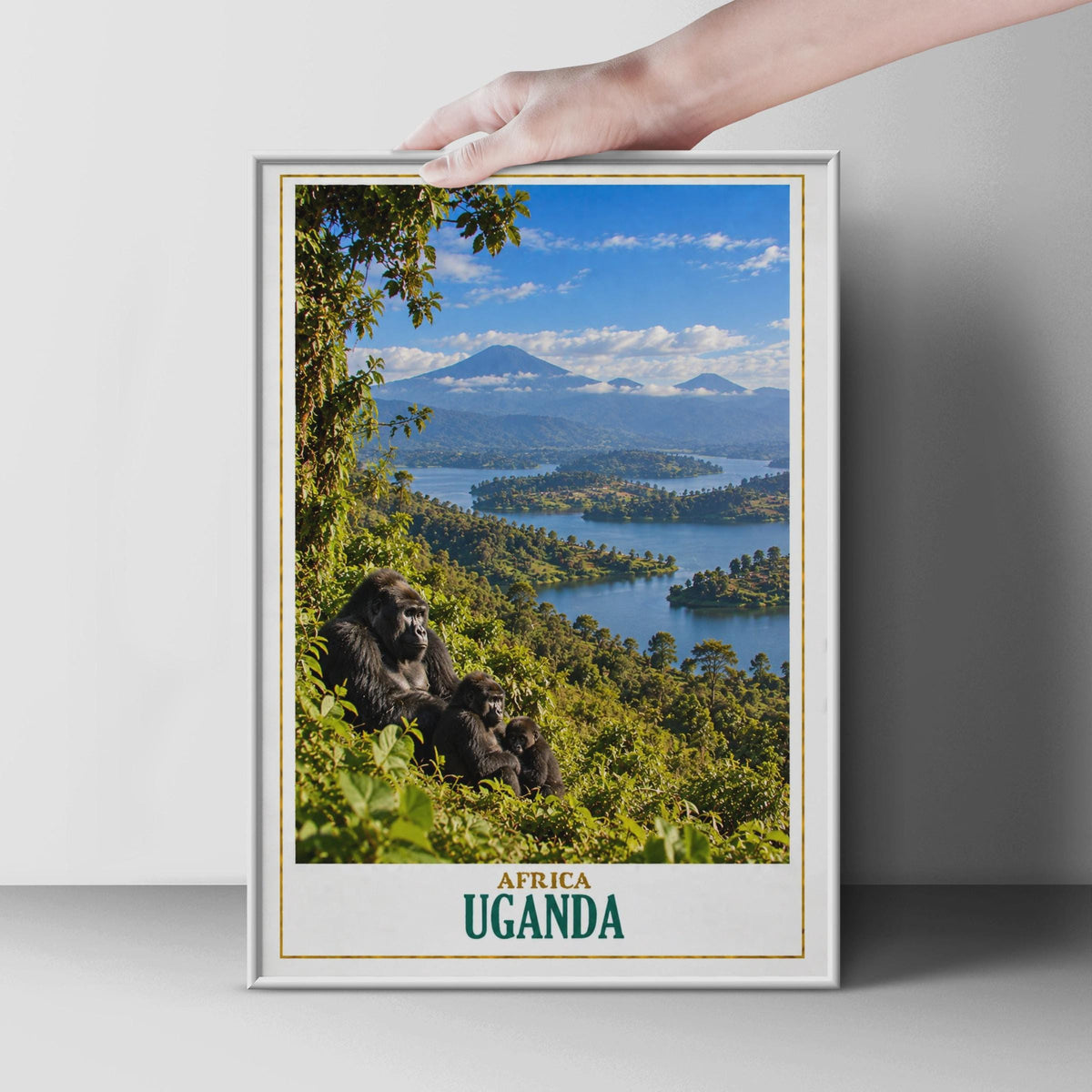 Uganda Travel Poster, Mountain Gorilla Lake Landscape, Wildlife Safari Art Print
