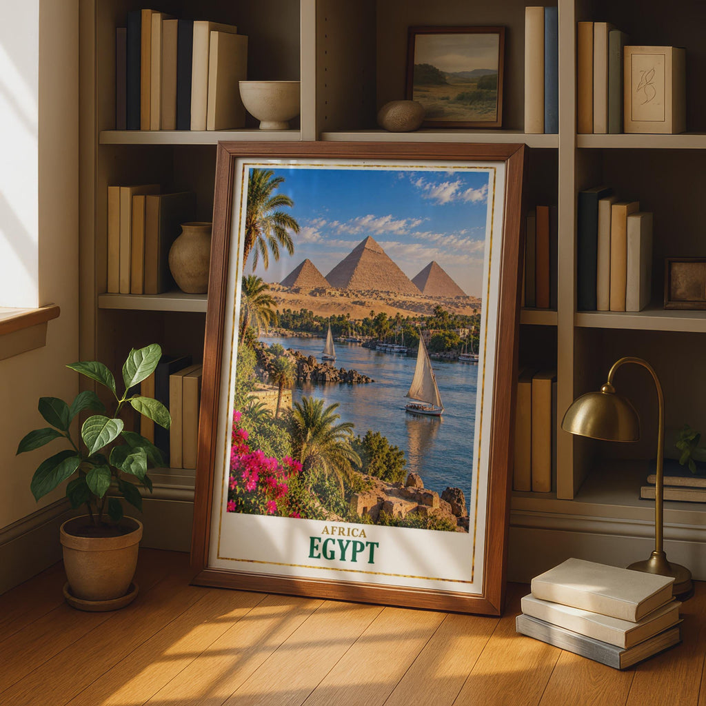 Egypt Travel Poster, Pyramids of Giza, Nile River, Felucca Sailing (Printed)