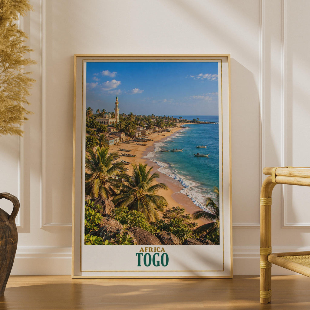 Togo West Africa Travel Poster, Coastal Beach, Mosque, Palm Trees, Fishing Boats (Printed Poster)