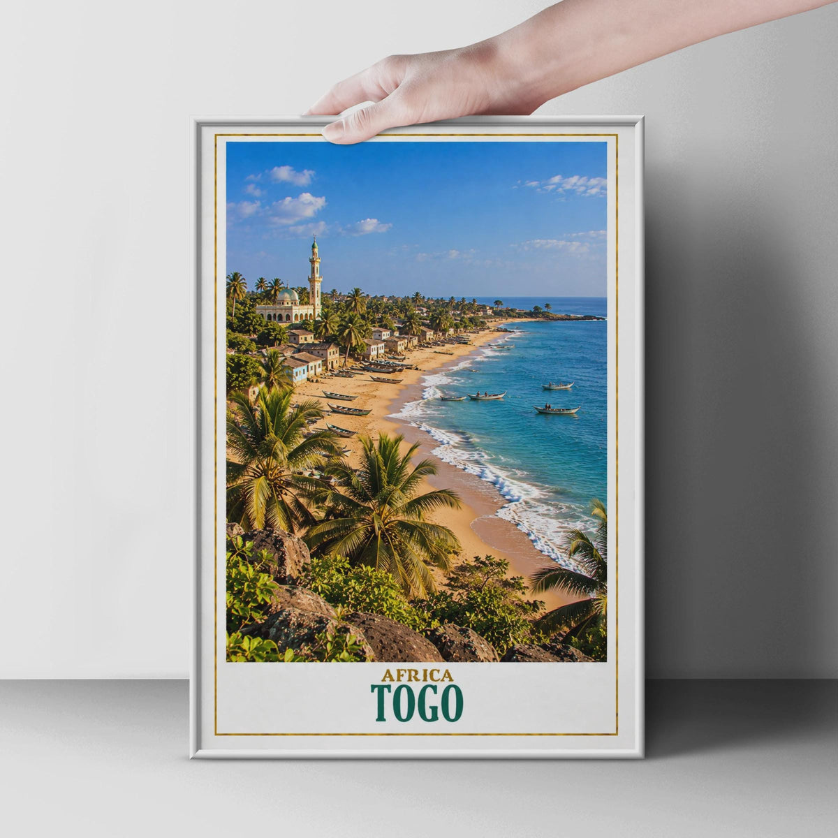Togo West Africa Travel Poster, Coastal Beach, Mosque, Palm Trees, Fishing Boats (Printed Poster)