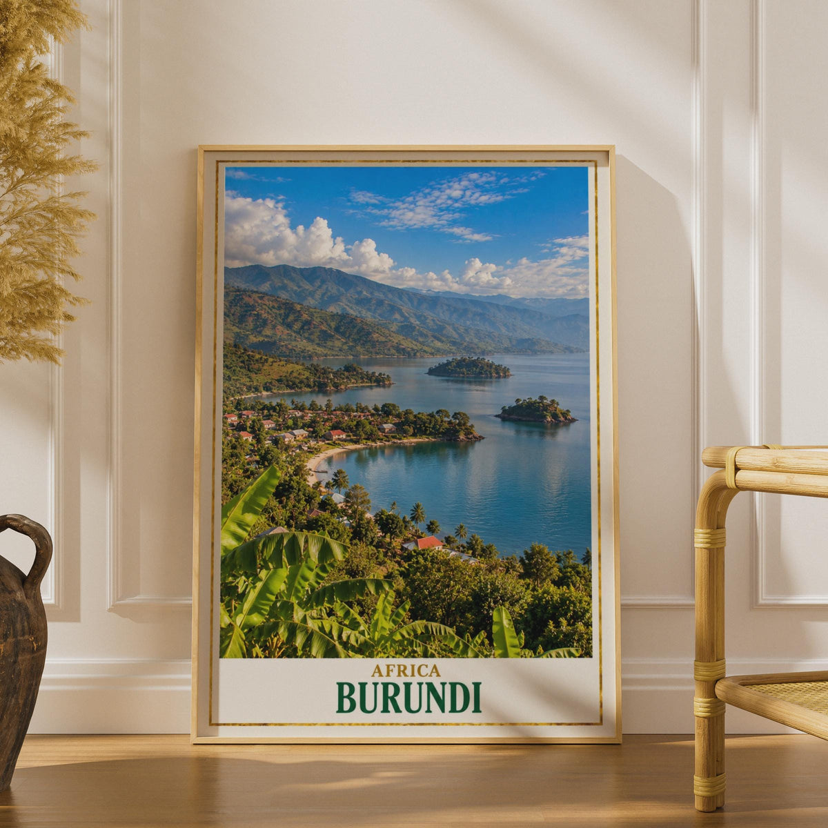 Burundi Lake Tanganyika Travel Poster, Tropical Landscape Print, East African Scenic Wall Art