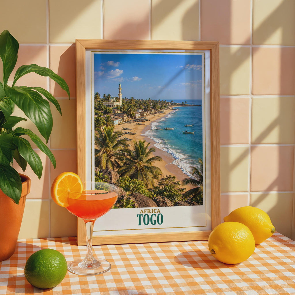 Togo West Africa Travel Poster, Coastal Beach, Mosque, Palm Trees, Fishing Boats (Printed Poster)