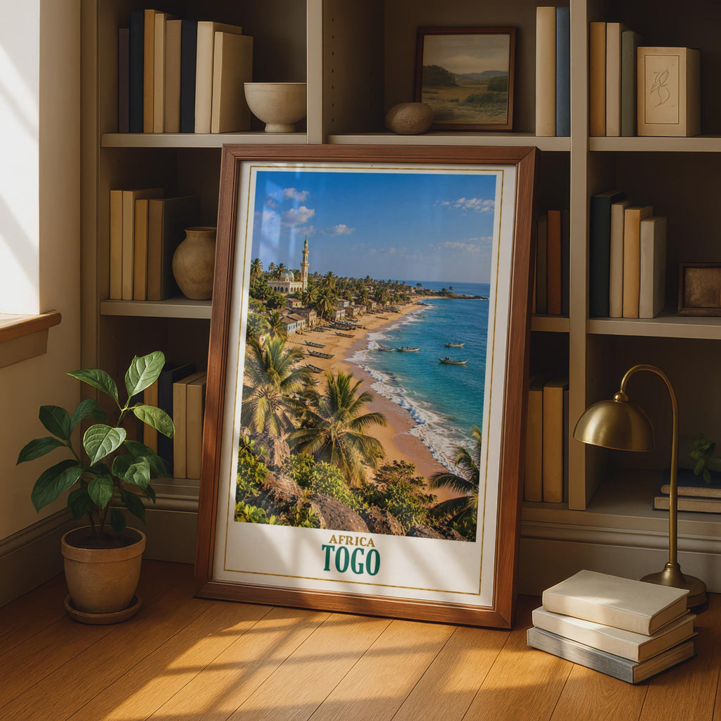Togo West Africa Travel Poster, Coastal Beach, Mosque, Palm Trees, Fishing Boats (Printed Poster)