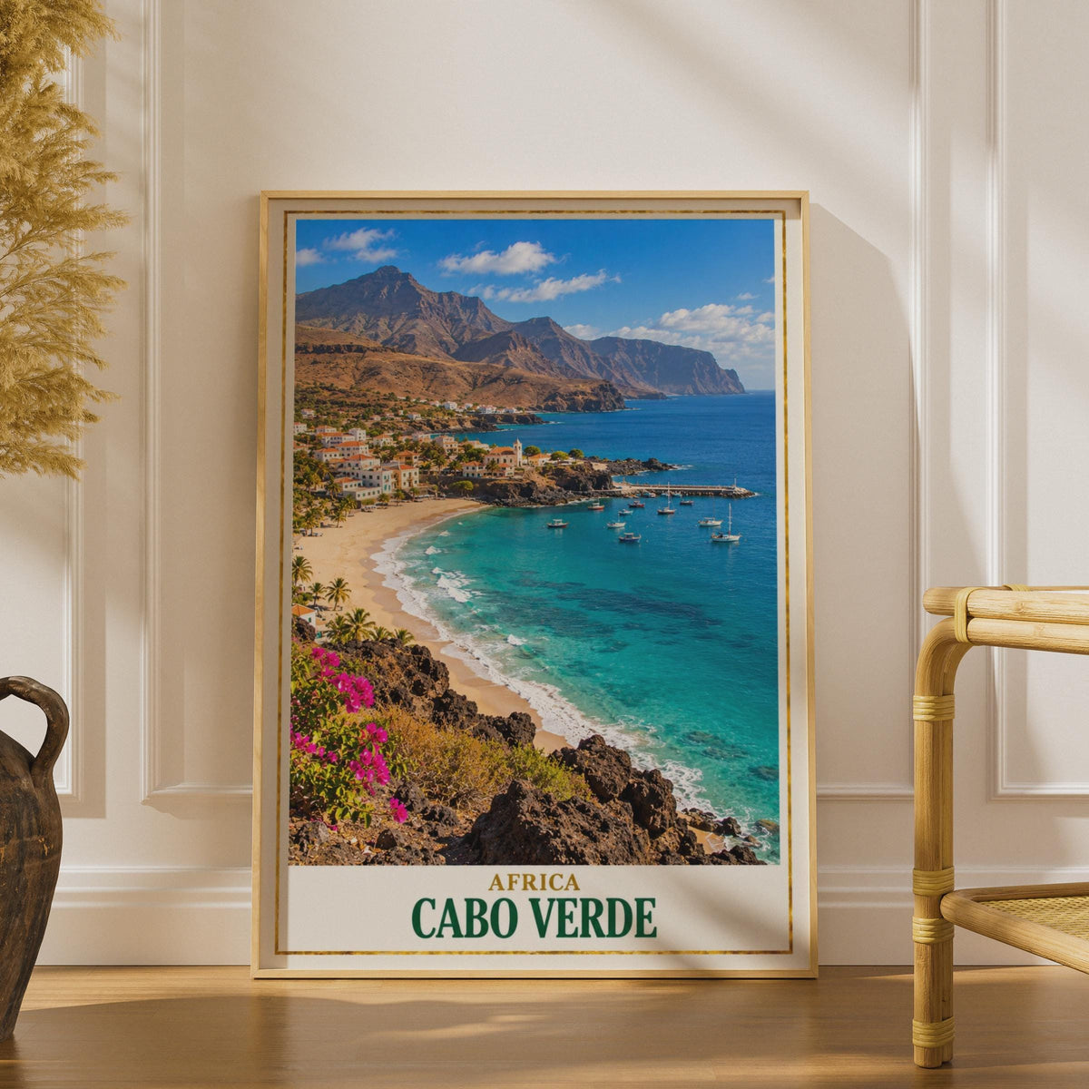 Cabo Verde Travel Poster, Cape Verde Africa Wall Art, Tropical Beach Print, Coastal Harbour Scene, Turquoise Ocean Print