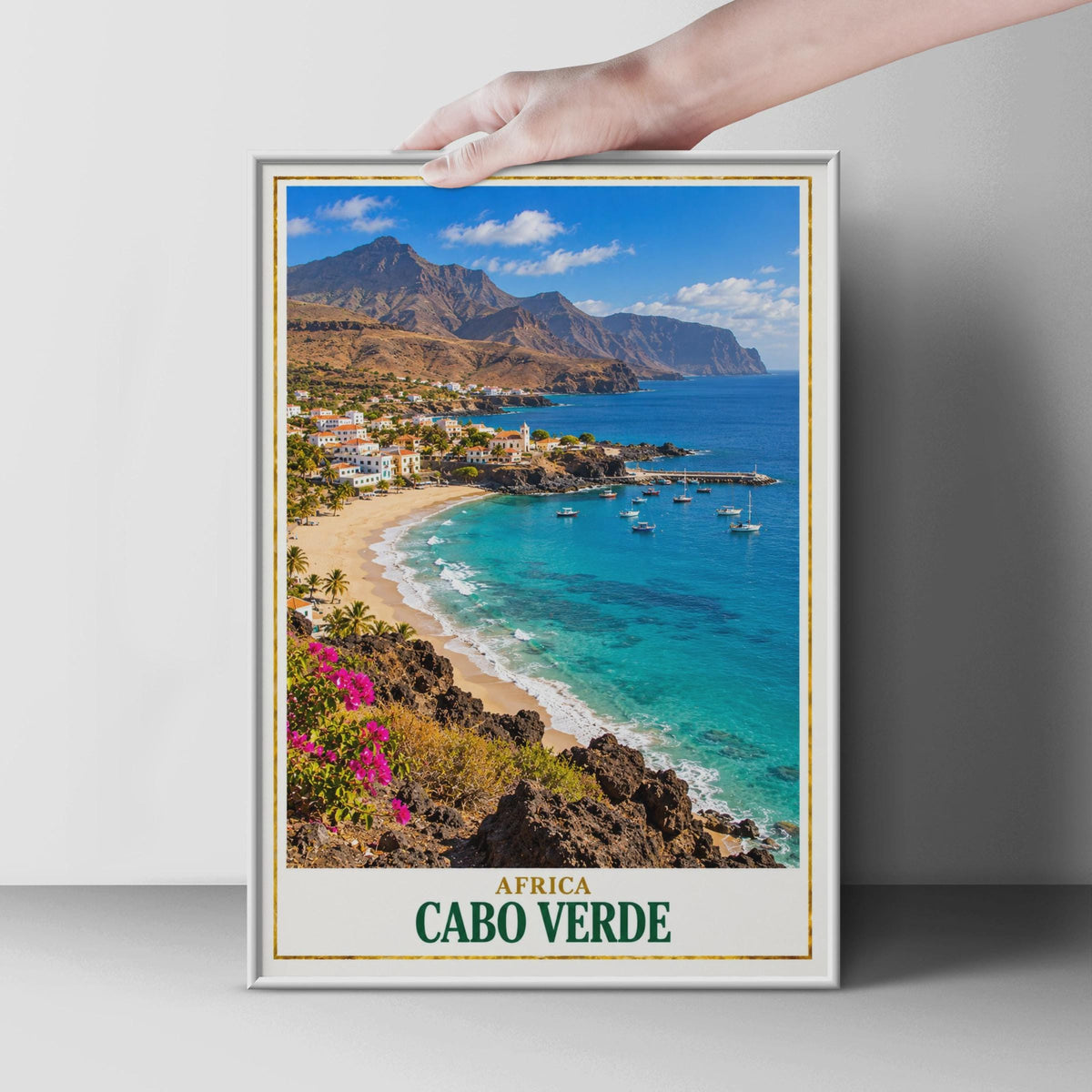 Cabo Verde Travel Poster, Cape Verde Africa Wall Art, Tropical Beach Print, Coastal Harbour Scene, Turquoise Ocean Print