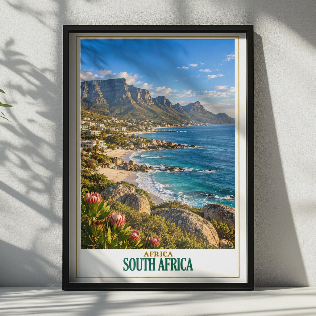 South Africa Travel Poster, Cape Town Table Mountain, Clifton Beach, Protea Flower (Printed Poster)