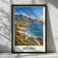 South Africa Travel Poster, Cape Town Table Mountain, Clifton Beach, Protea Flower (Printed Poster)