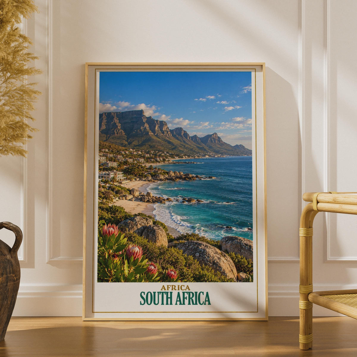 South Africa Travel Poster, Cape Town Table Mountain, Clifton Beach, Protea Flower (Printed Poster)