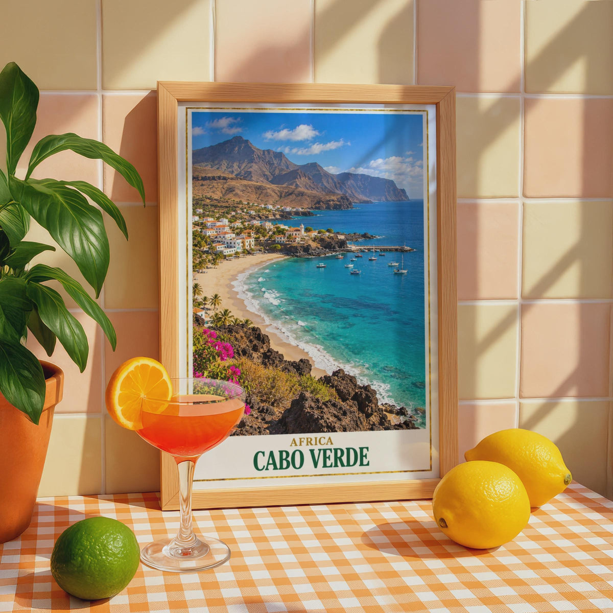 Cabo Verde Travel Poster, Cape Verde Africa Wall Art, Tropical Beach Print, Coastal Harbour Scene, Turquoise Ocean Print