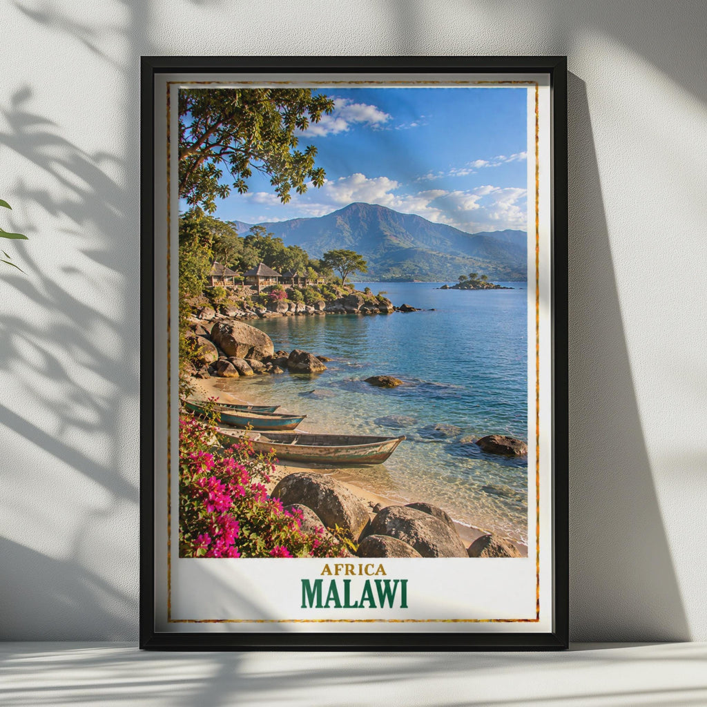 Vintage Style Malawi Travel Poster, Lake Malawi Africa Wall Art, Tropical Lakeside Print