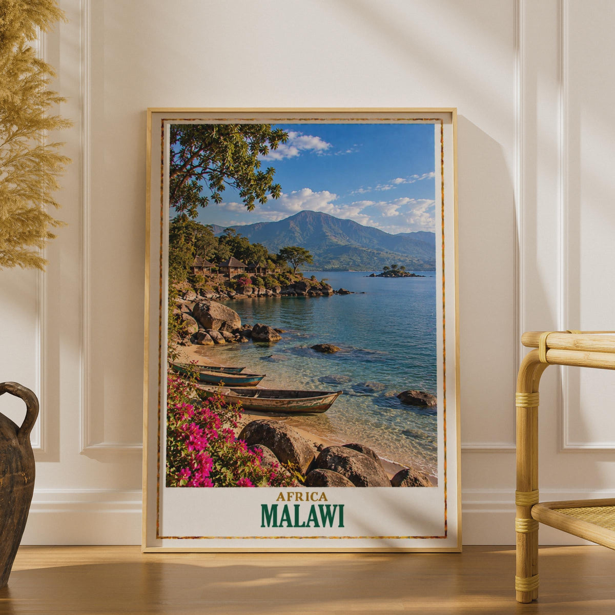 Vintage Style Malawi Travel Poster, Lake Malawi Africa Wall Art, Tropical Lakeside Print