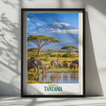 Tanzania Safari Poster, Elephant Herd, Kilimanjaro, Acacia Trees (Printed Wall Art)