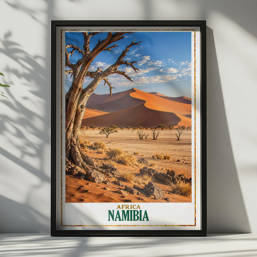 Namibia Africa Travel Poster, Sossusvlei Desert Sand Dunes Wall Art, African Landscape Print, Namib Desert Home Decor, Red Du