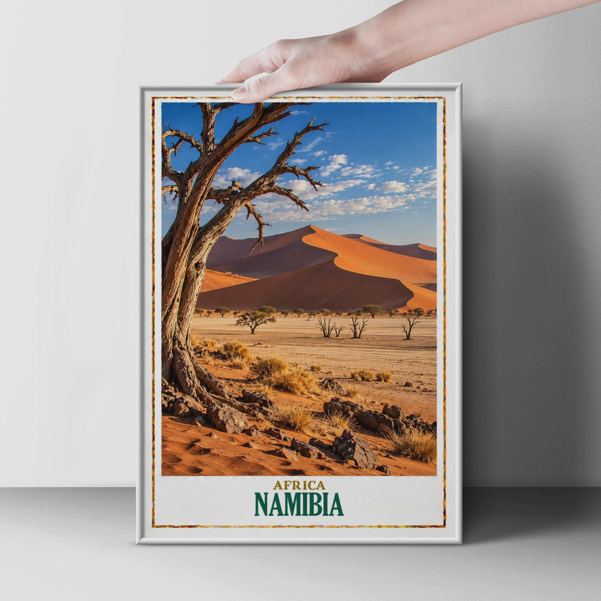 Namibia Africa Travel Poster, Sossusvlei Desert Sand Dunes Wall Art, African Landscape Print, Namib Desert Home Decor, Red Du