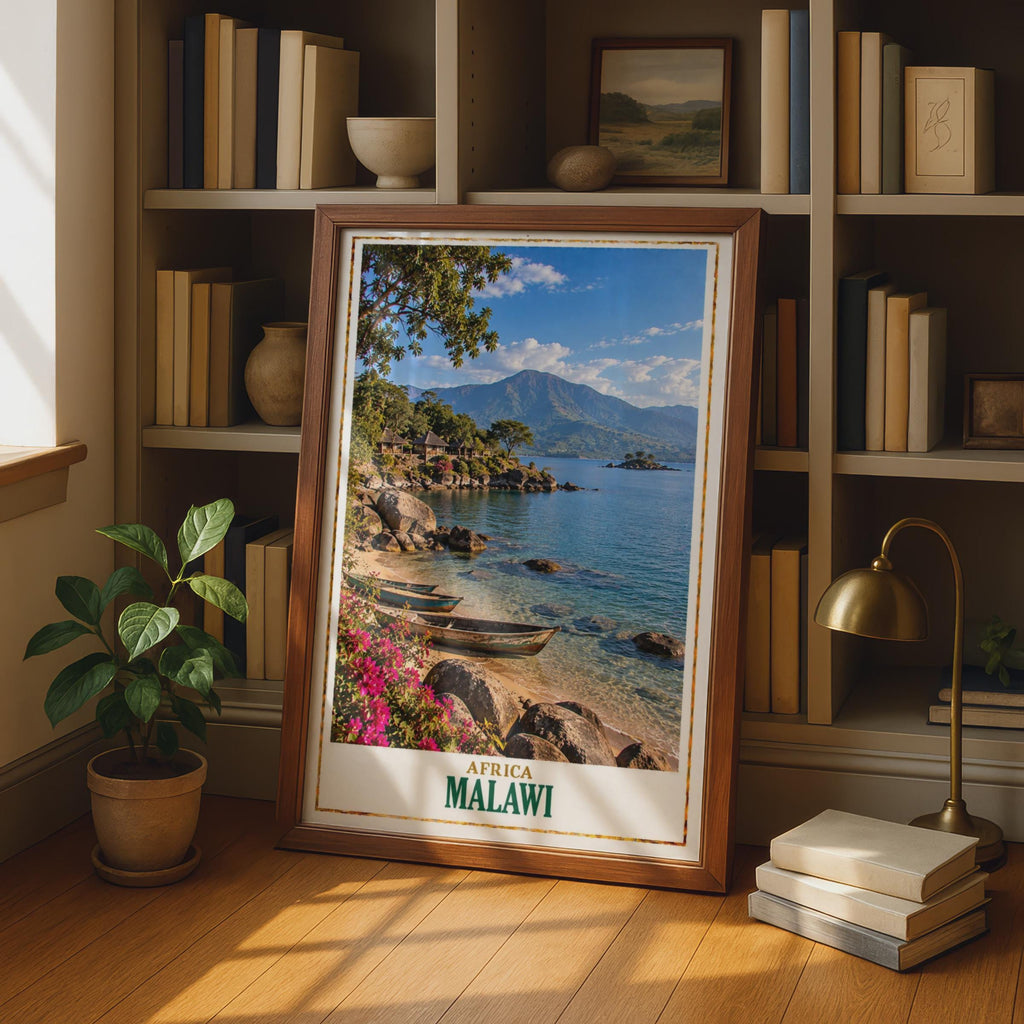Vintage Style Malawi Travel Poster, Lake Malawi Africa Wall Art, Tropical Lakeside Print