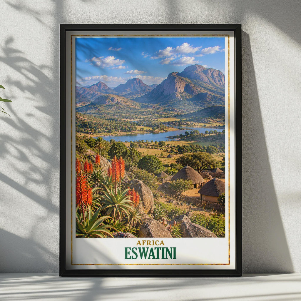 Eswatini Travel Poster, African Landscape, Swazi Village, Aloe Vera, Thatched Hut (Printed Poster)