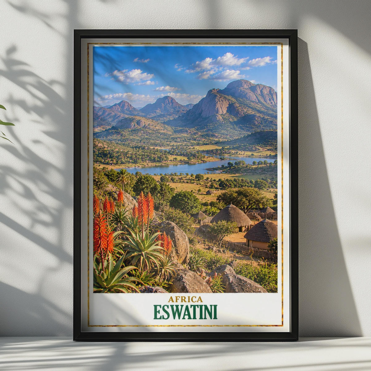 Eswatini Travel Poster, African Landscape, Swazi Village, Aloe Vera, Thatched Hut (Printed Poster)