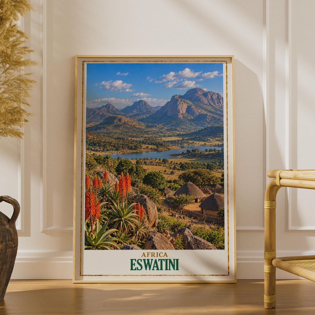 Eswatini Travel Poster, African Landscape, Swazi Village, Aloe Vera, Thatched Hut (Printed Poster)