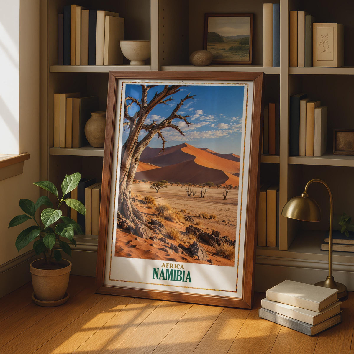 Namibia Africa Travel Poster, Sossusvlei Desert Sand Dunes Wall Art, African Landscape Print, Namib Desert Home Decor, Red Du