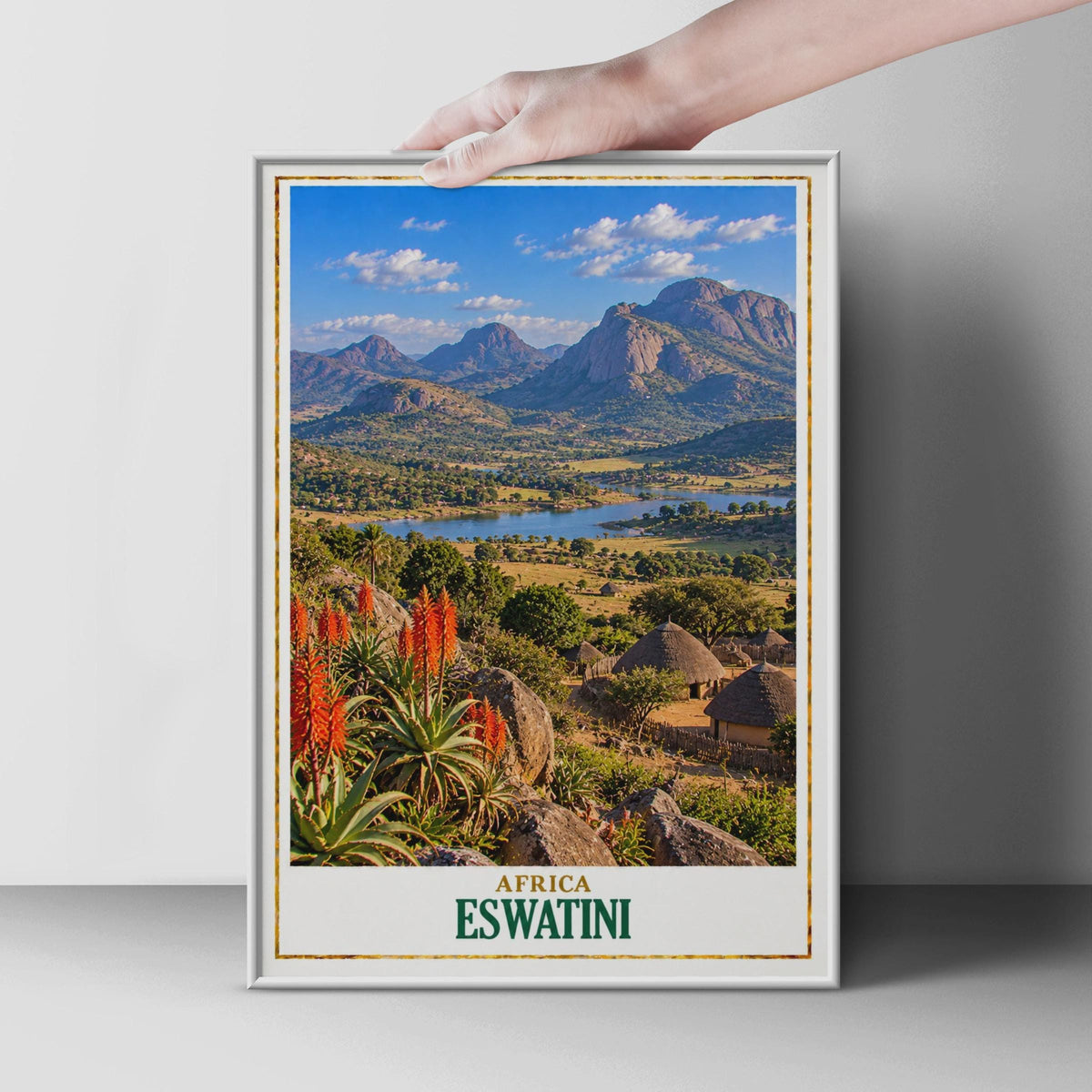 Eswatini Travel Poster, African Landscape, Swazi Village, Aloe Vera, Thatched Hut (Printed Poster)