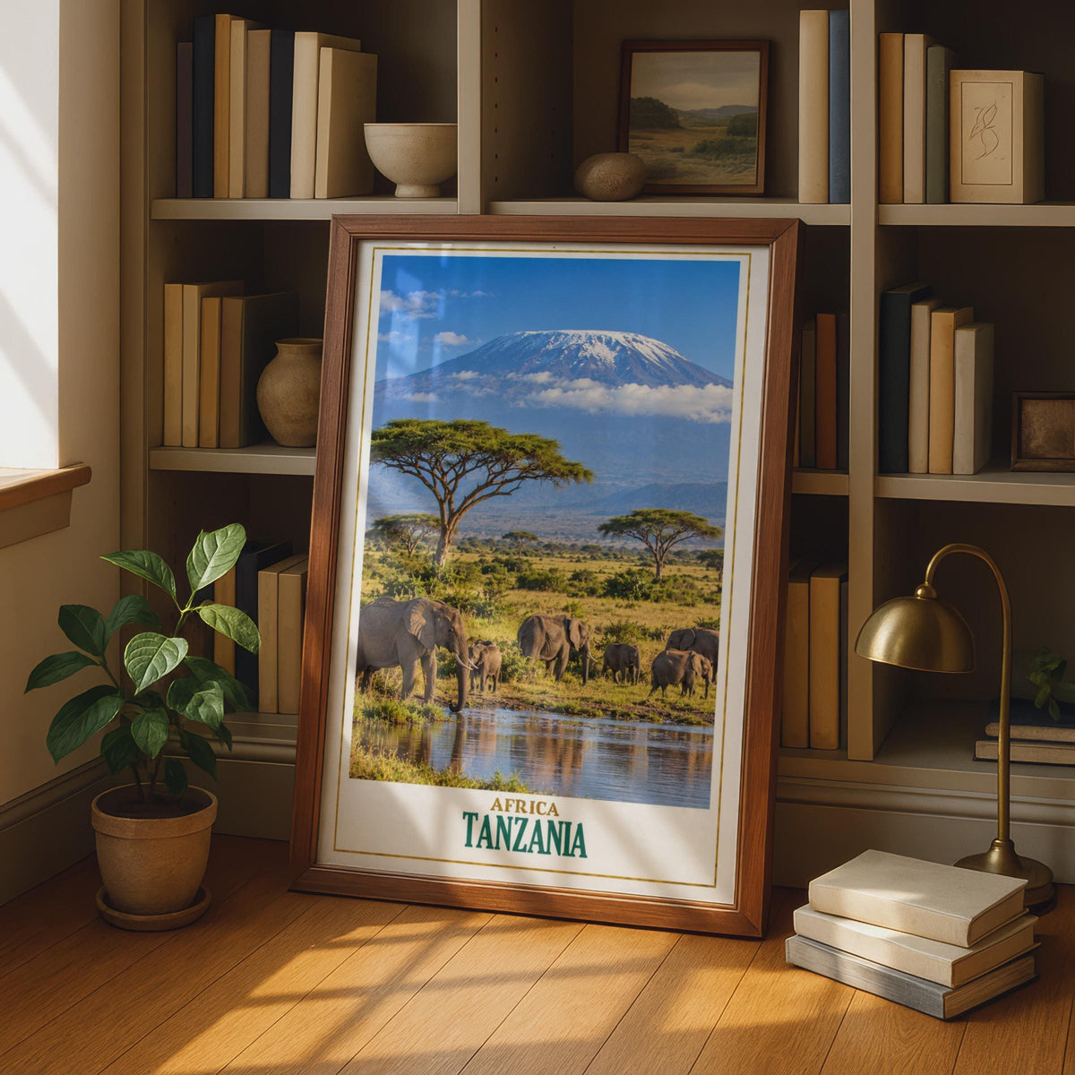 Tanzania Safari Poster, Elephant Herd, Kilimanjaro, Acacia Trees (Printed Wall Art)