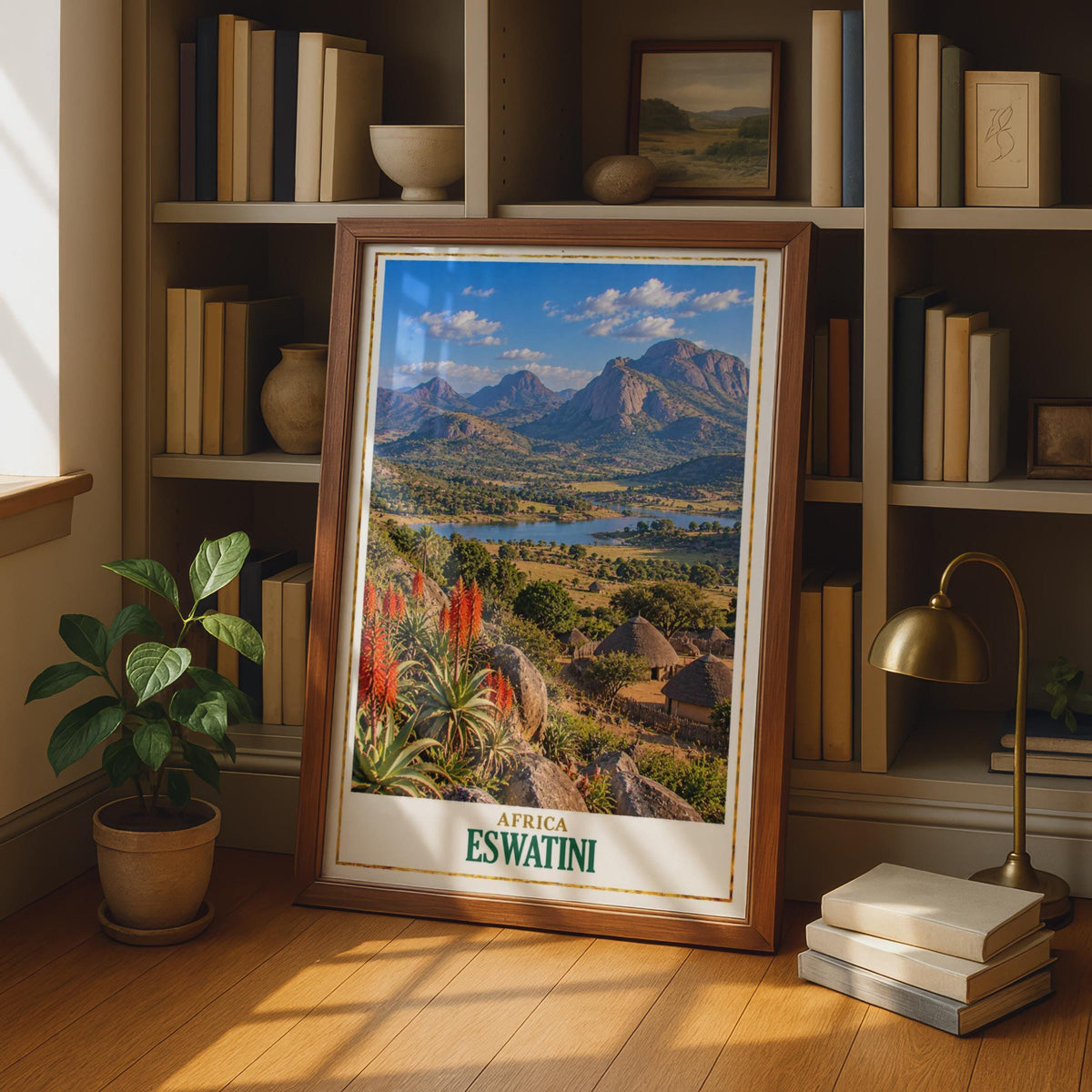 Eswatini Travel Poster, African Landscape, Swazi Village, Aloe Vera, Thatched Hut (Printed Poster)