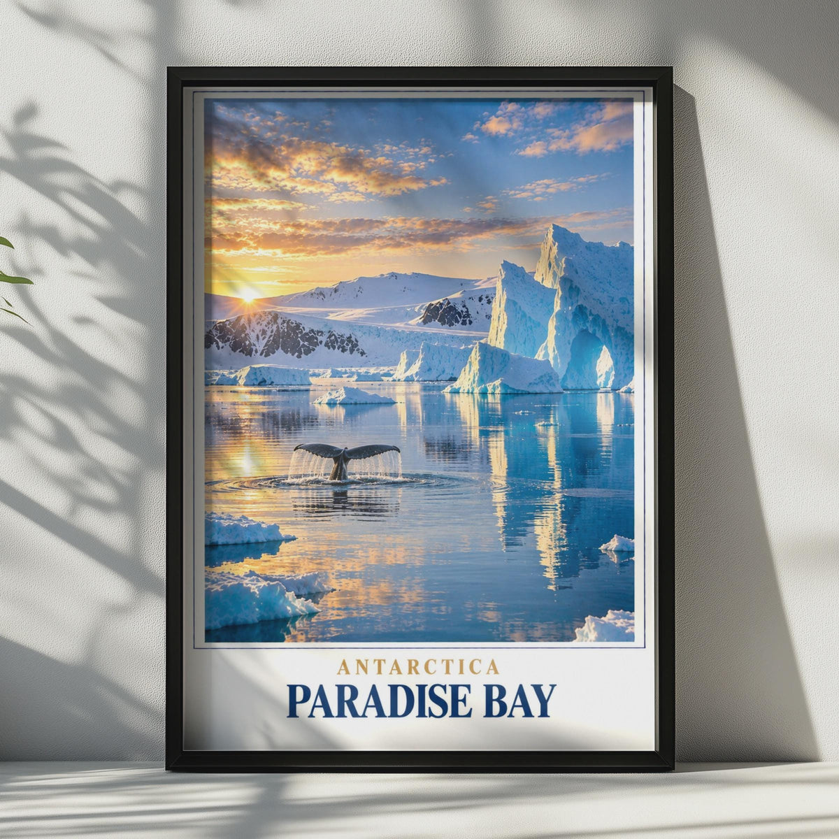 Antarctica Paradise Bay Whale Tail Sunset Poster, Iceberg Wildlife Art (Printed)