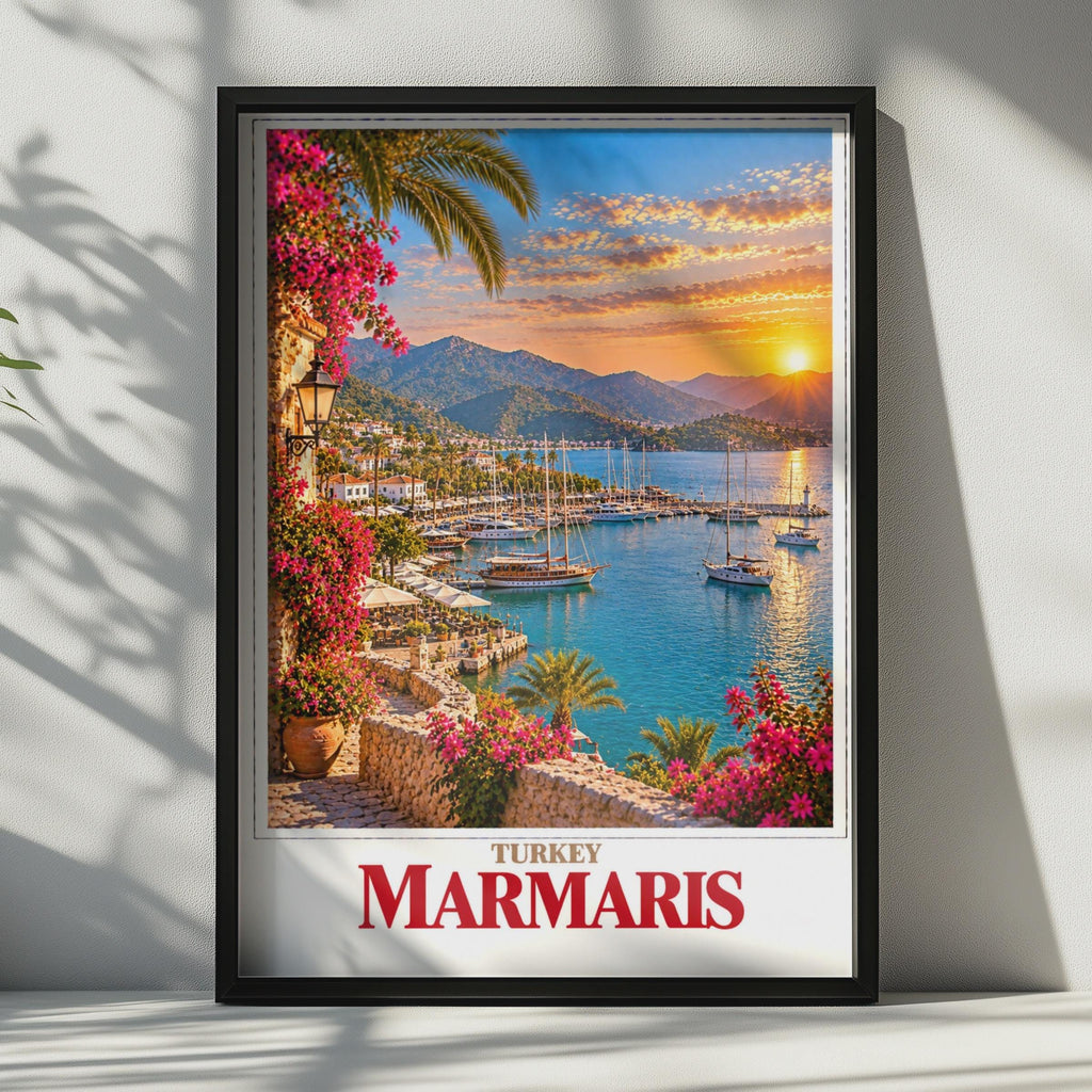 Marmaris Turkey Travel Poster, Aegean Coast Sunset, Sailing Boats, Bougainvillea (Printed Poster)