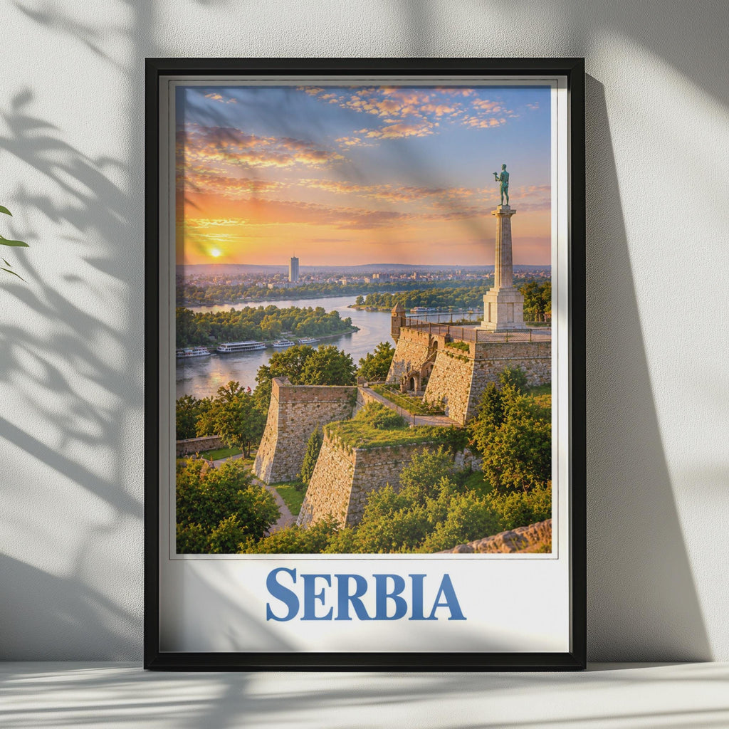 Serbia Travel Poster, Belgrade Fortress Sunset, Victor Monument Wall Art (Printed Poster)