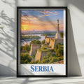 Serbia Travel Poster, Belgrade Fortress Sunset, Victor Monument Wall Art (Printed Poster)