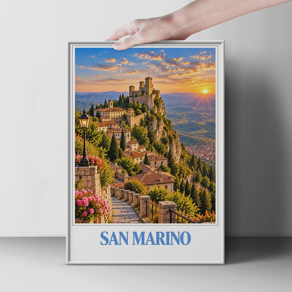 San Marino Travel Poster, Guaita Tower Sunset Print, Italian Hilltown Wall Art (Physical Print)