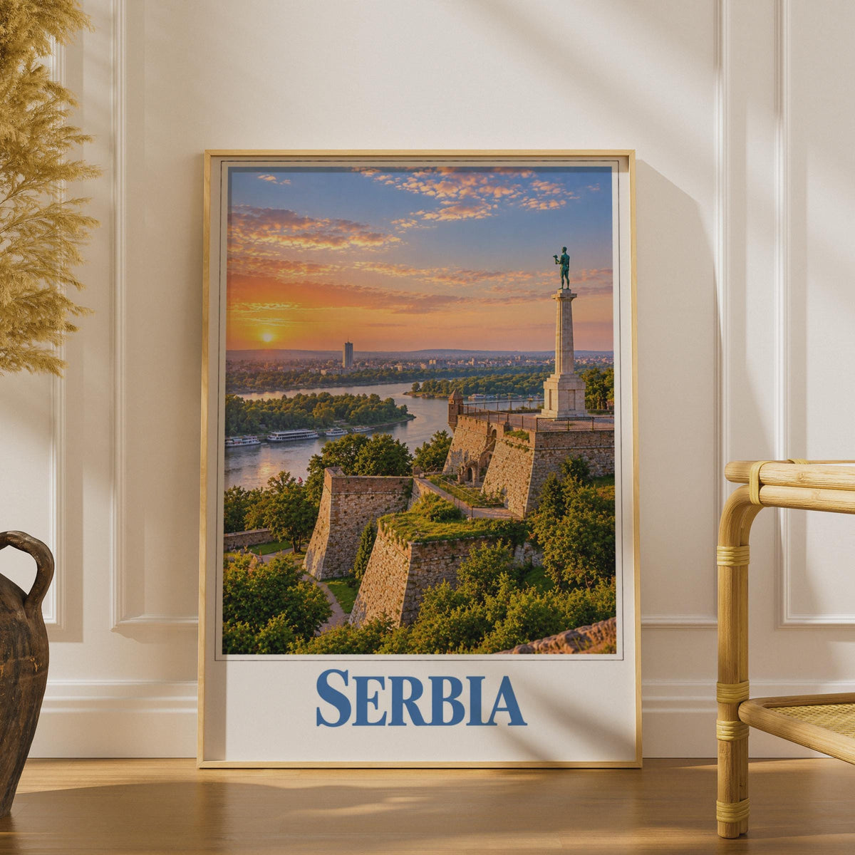 Serbia Travel Poster, Belgrade Fortress Sunset, Victor Monument Wall Art (Printed Poster)