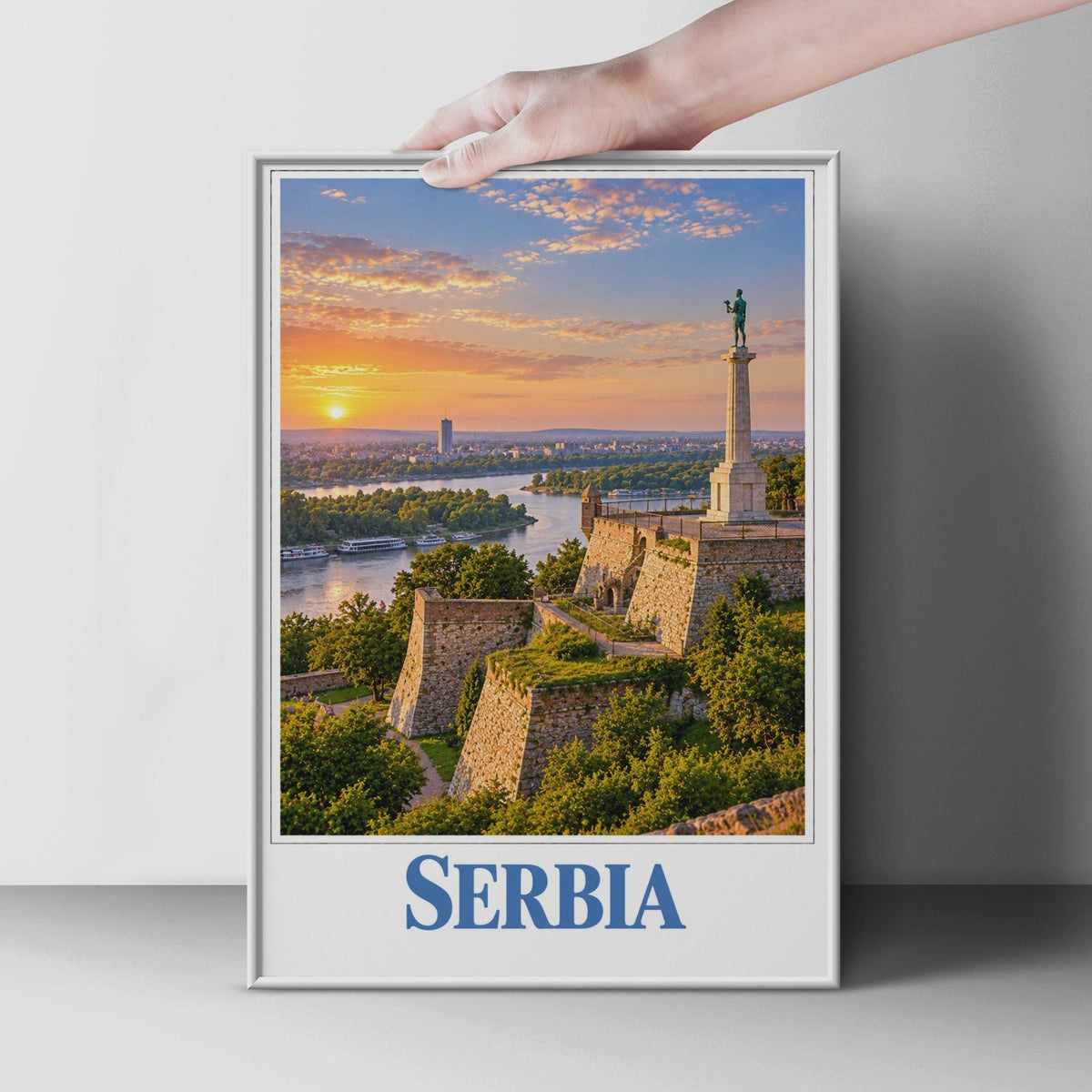 Serbia Travel Poster, Belgrade Fortress Sunset, Victor Monument Wall Art (Printed Poster)