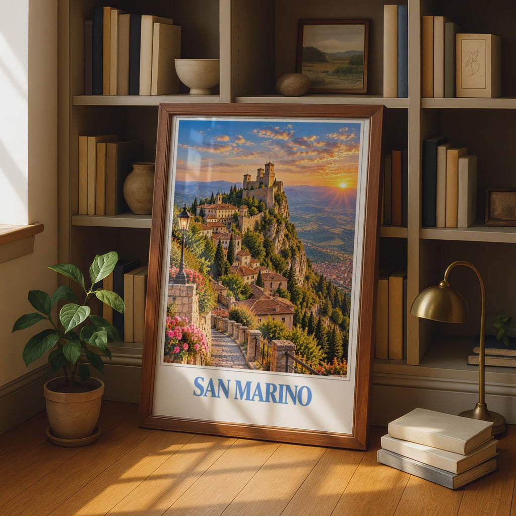 San Marino Travel Poster, Guaita Tower Sunset Print, Italian Hilltown Wall Art (Physical Print)