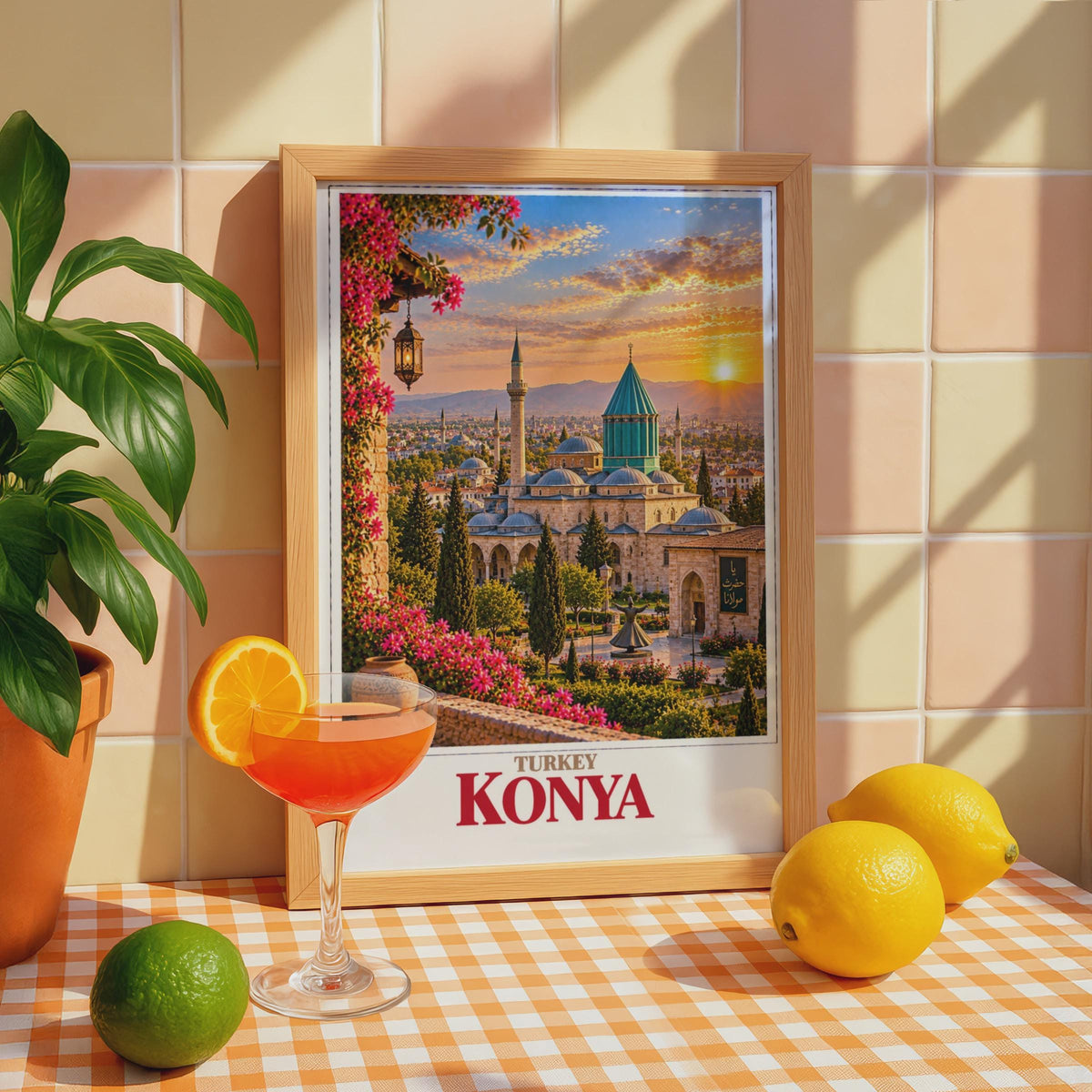 Konya Turkey Travel Poster, Mevlana Museum, Whirling Dervish, Sunset Skyline (Printed Poster)